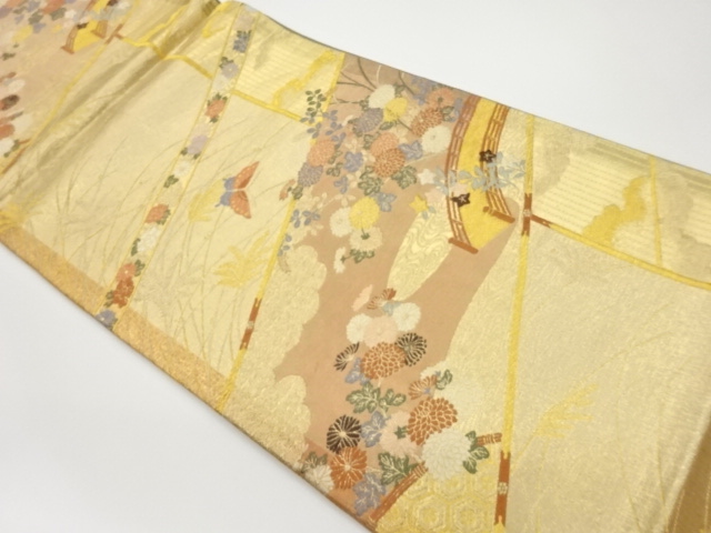 橋に秋草・稲模様織出し袋帯